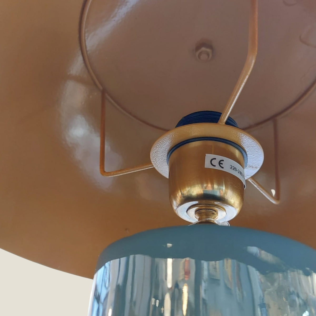 Depuis des lustres CADES vintage mushroom lamp with mustard yellow dome shade and blue petrol metal base detail