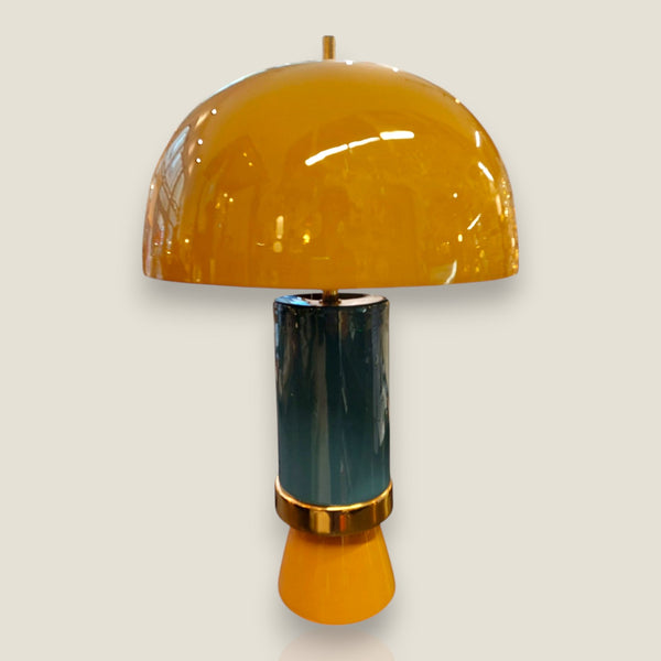 Depuis des lustres CADES vintage mushroom table lamp with mustard yellow dome shade and petrol blue cylindrical base.