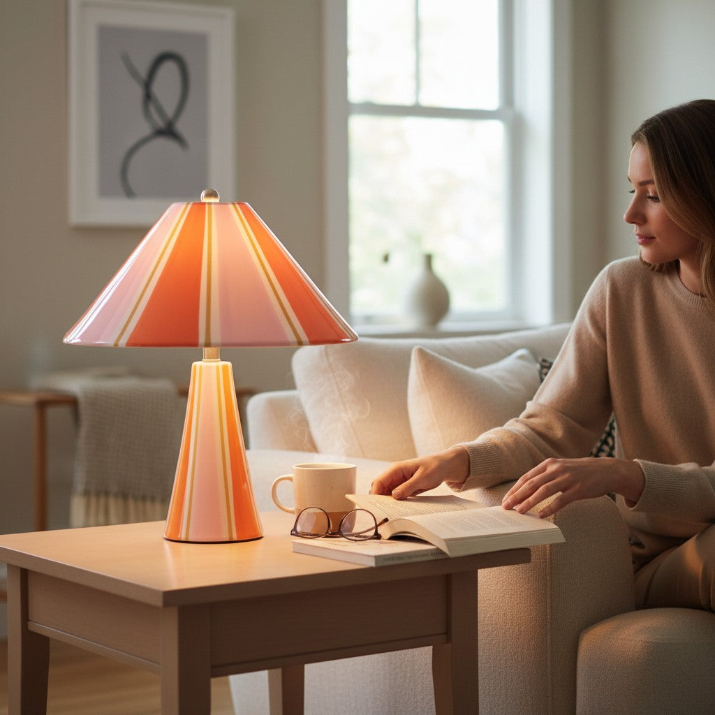 Depuis des lustres CADES Zélie table lamp with pink and orange striped ceramic base and matching flared lampshade