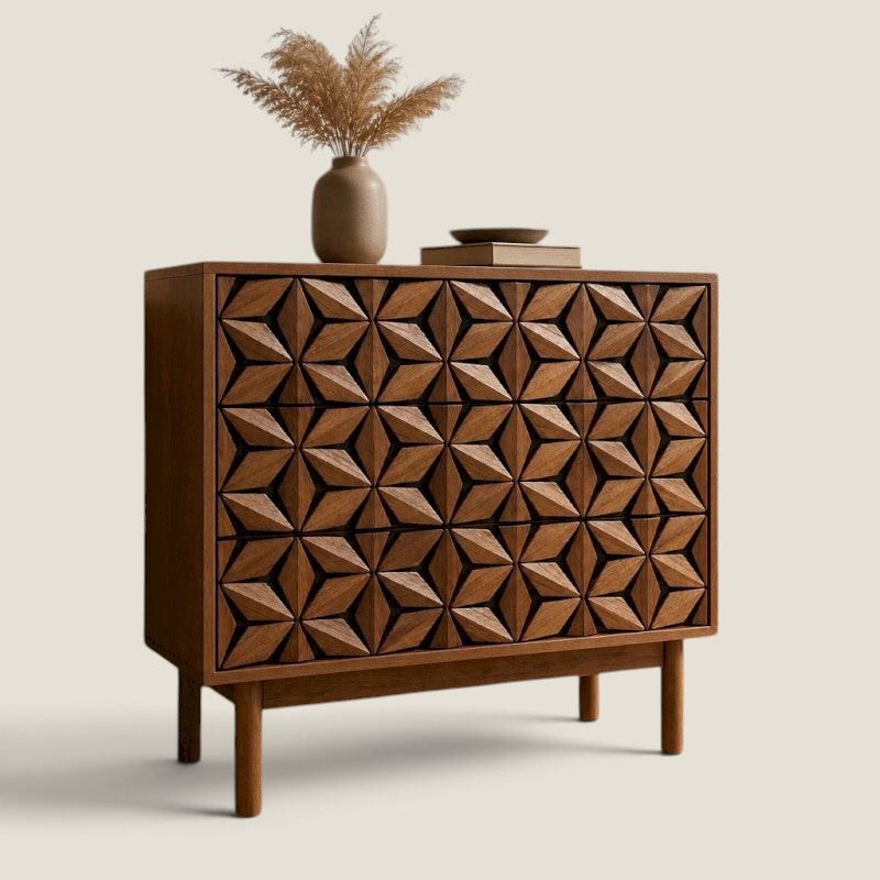 Commode CALLIOPE 3 tiroirs Depuis des lustres en MDF avec motif losanges sculpté à la main, style contemporain
