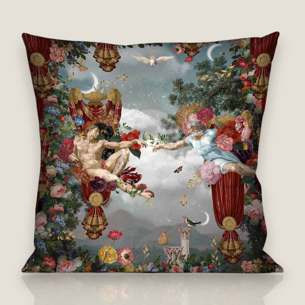 Depuis des lustres velvet throw pillow featuring The Creation of Adam with floral, bird, and star motifs.