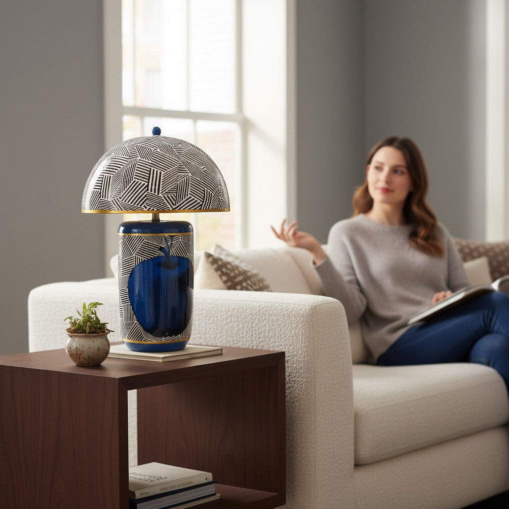 Depuis des lustres DRIMMER Granny ceramic table lamp with blue cobalt base, geometric patterns, and dome shade.