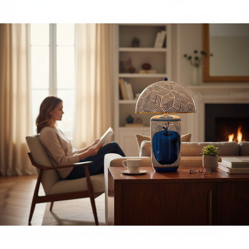 Depuis des lustres DRIMMER Granny ceramic table lamp with blue apple motif and geometric dome shade in a living room