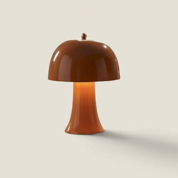 Depuis des lustres DRIMMER Ivana camel ceramic mushroom lamp with glossy terracotta finish on a wooden side table