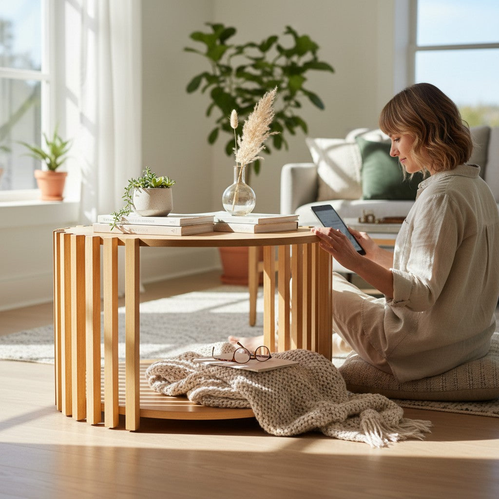 Depuis des lustres EDELWEIS round solid wood side table with vertical slats and lower shelf in a bright living room.