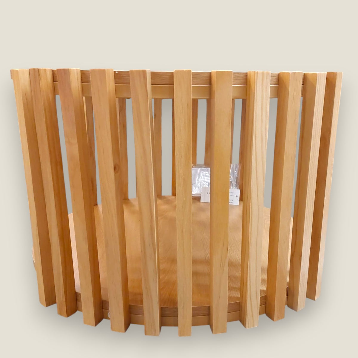Depuis des lustres EDELWEIS round solid wood side table with vertical slat design and a lower storage shelf