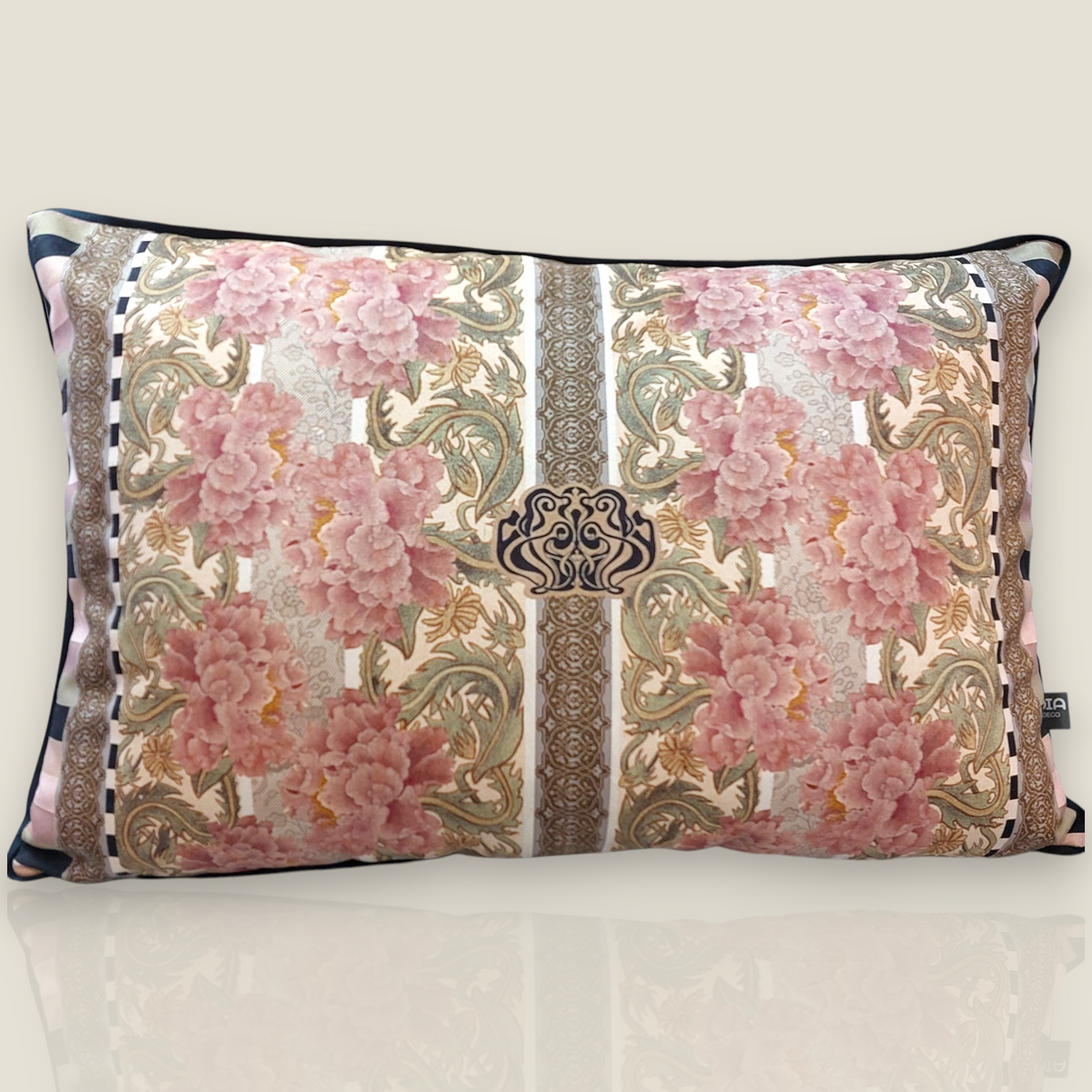 Depuis des lustres rectangular velvet cushion with pink floral print, vertical stripes, and black piped edges.