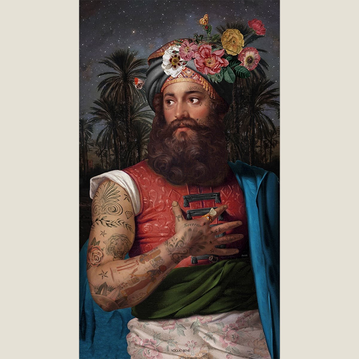 Depuis des lustres Grand Belzoni velvet wall hanging featuring a tattooed man in a floral turban against palm trees.