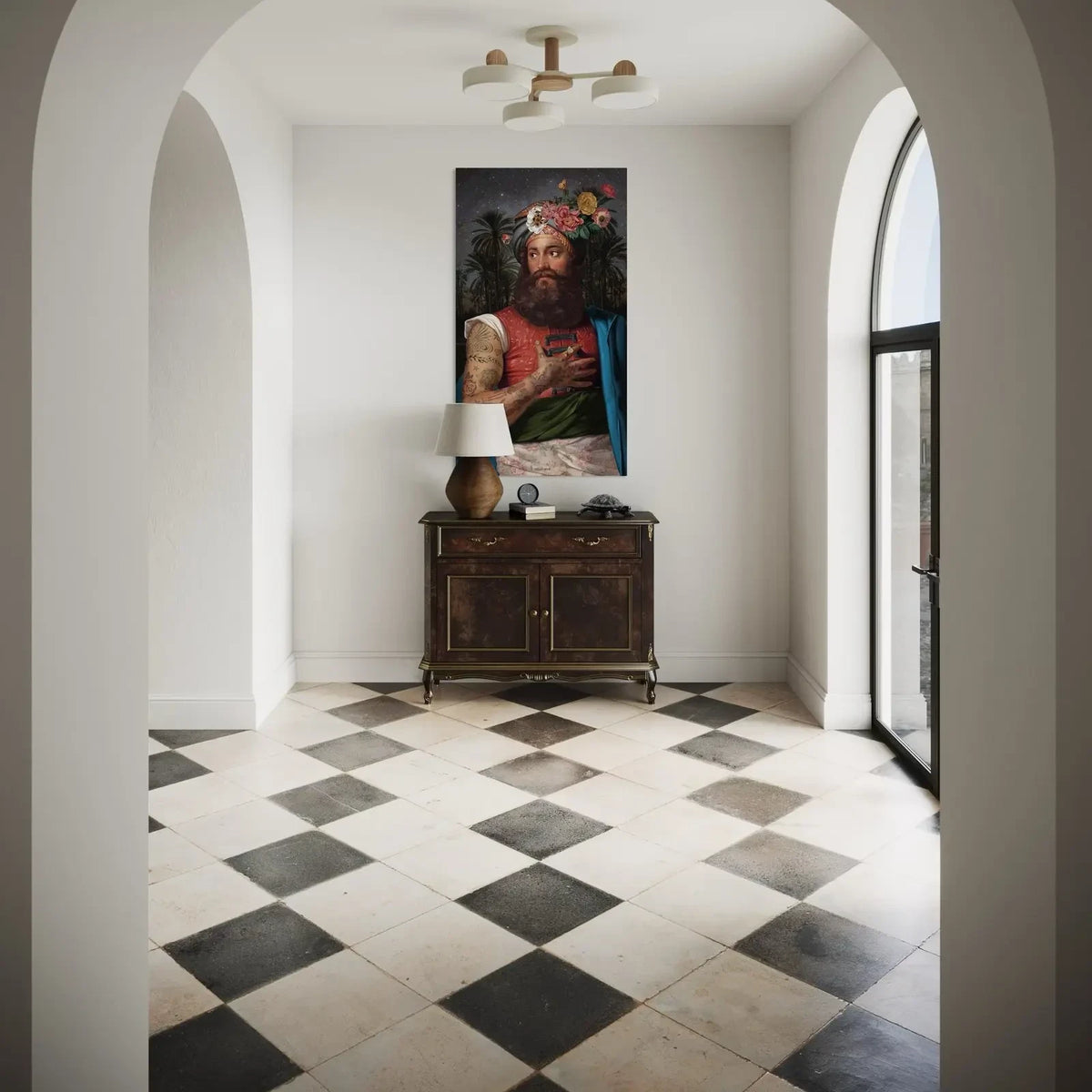 Depuis des lustres Grand Belzoni velvet wall hanging featuring a tattooed man in a floral turban in an arched hallway.