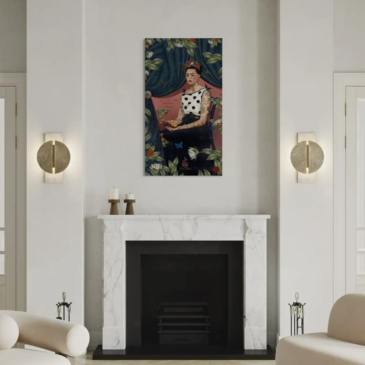 Depuis des lustres Voglio Bene La Muse velvet wall hanging featuring a tattooed woman with a chick on a blue curtain