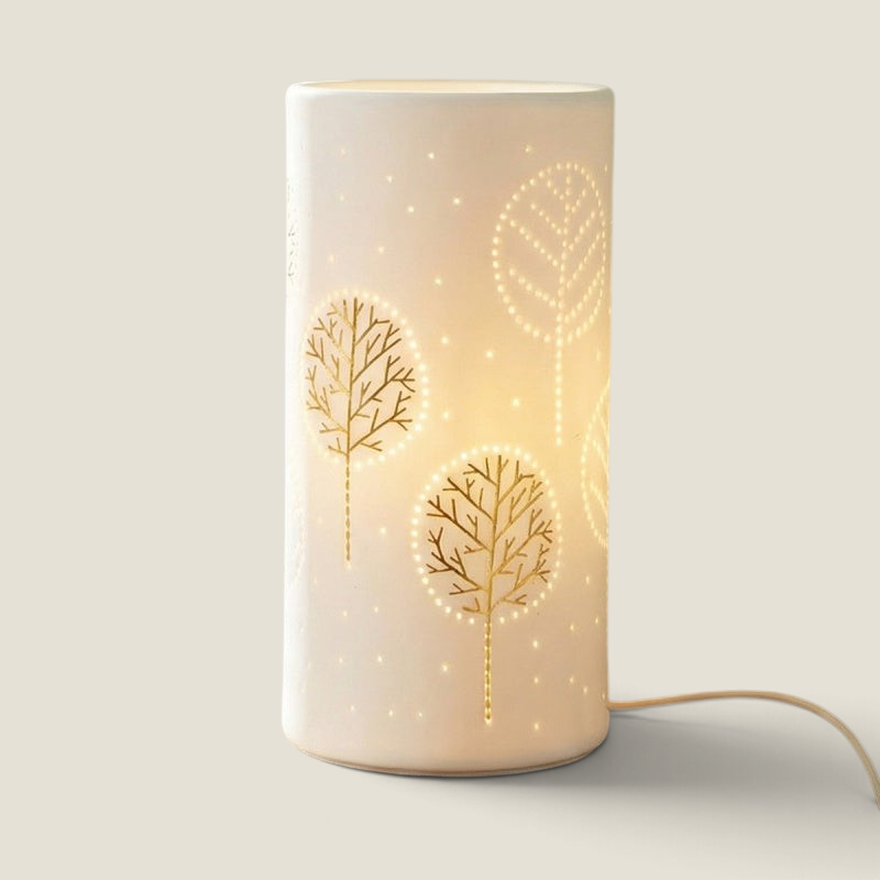 Lampe à poser Depuis des lustres CELIA en porcelaine blanche ajourée avec motifs de feuilles dorées, 20cm de hauteur