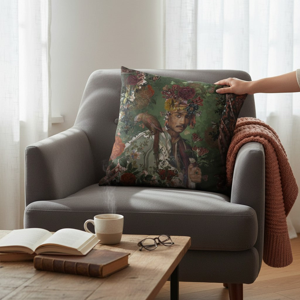 Depuis des lustres Le Sultan velvet cushion featuring a tattooed man with a floral turban on a deep green background