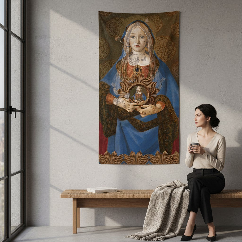 Depuis des lustres Madonna Suprema velvet wall tapestry featuring a tattooed Virgin Mary in a blue robe on brown wall.