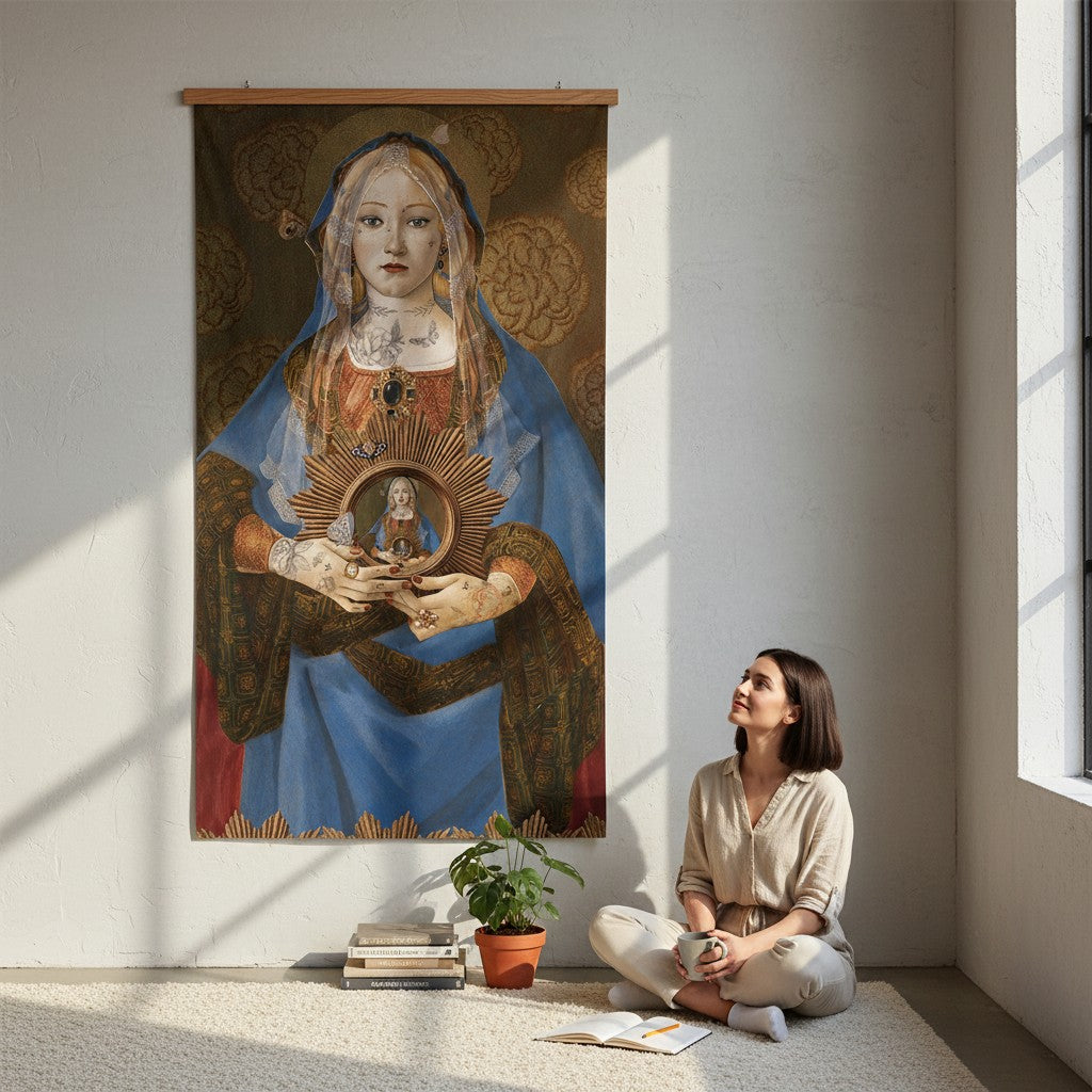 Depuis des lustres Madonna Suprema velvet wall hanging featuring a tattooed Virgin Mary in a blue robe on brown brocade