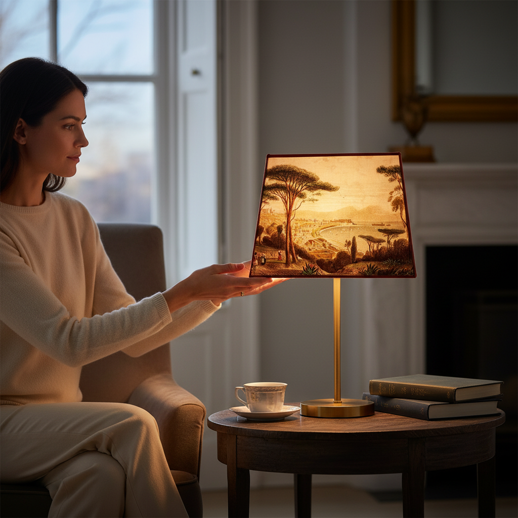 Depuis des lustres rectangular lampshade featuring a vintage Naples bay engraving with brick red cotton trim
