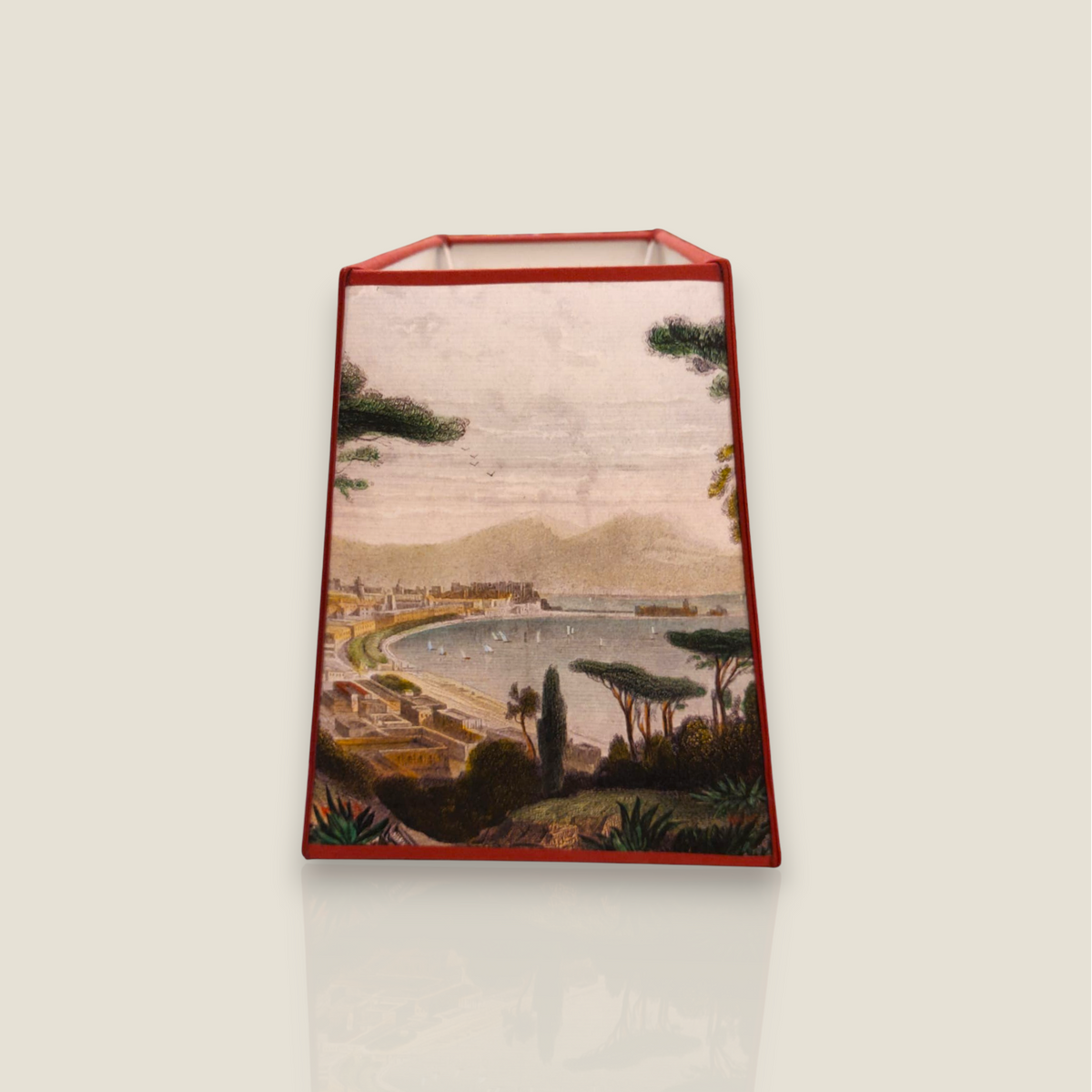 Depuis des lustres rectangular lampshade featuring a vintage Naples bay engraving with a brick red cotton trim.