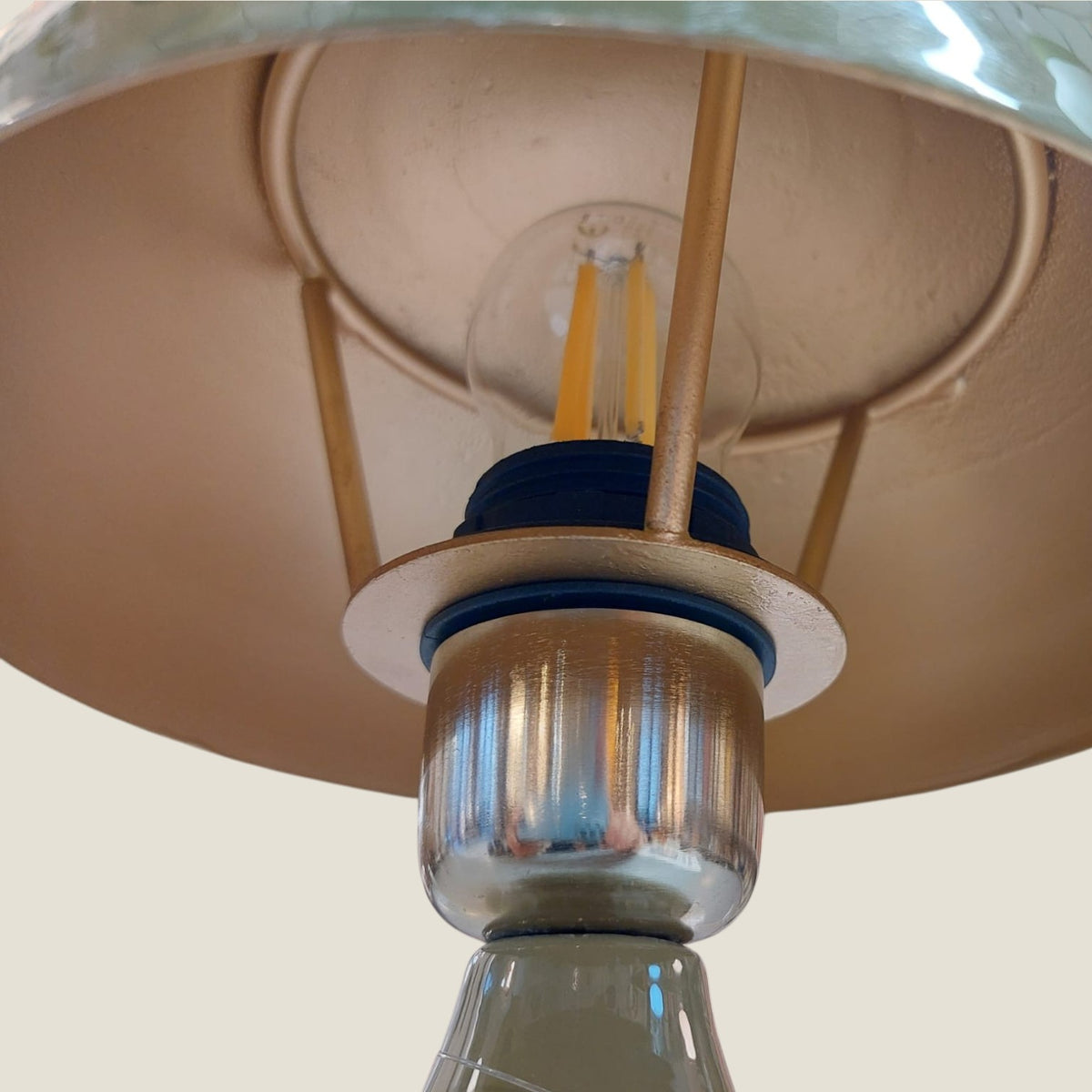 Depuis des lustres olive green mushroom table lamp with a chrome ring detail and bulbous glass base