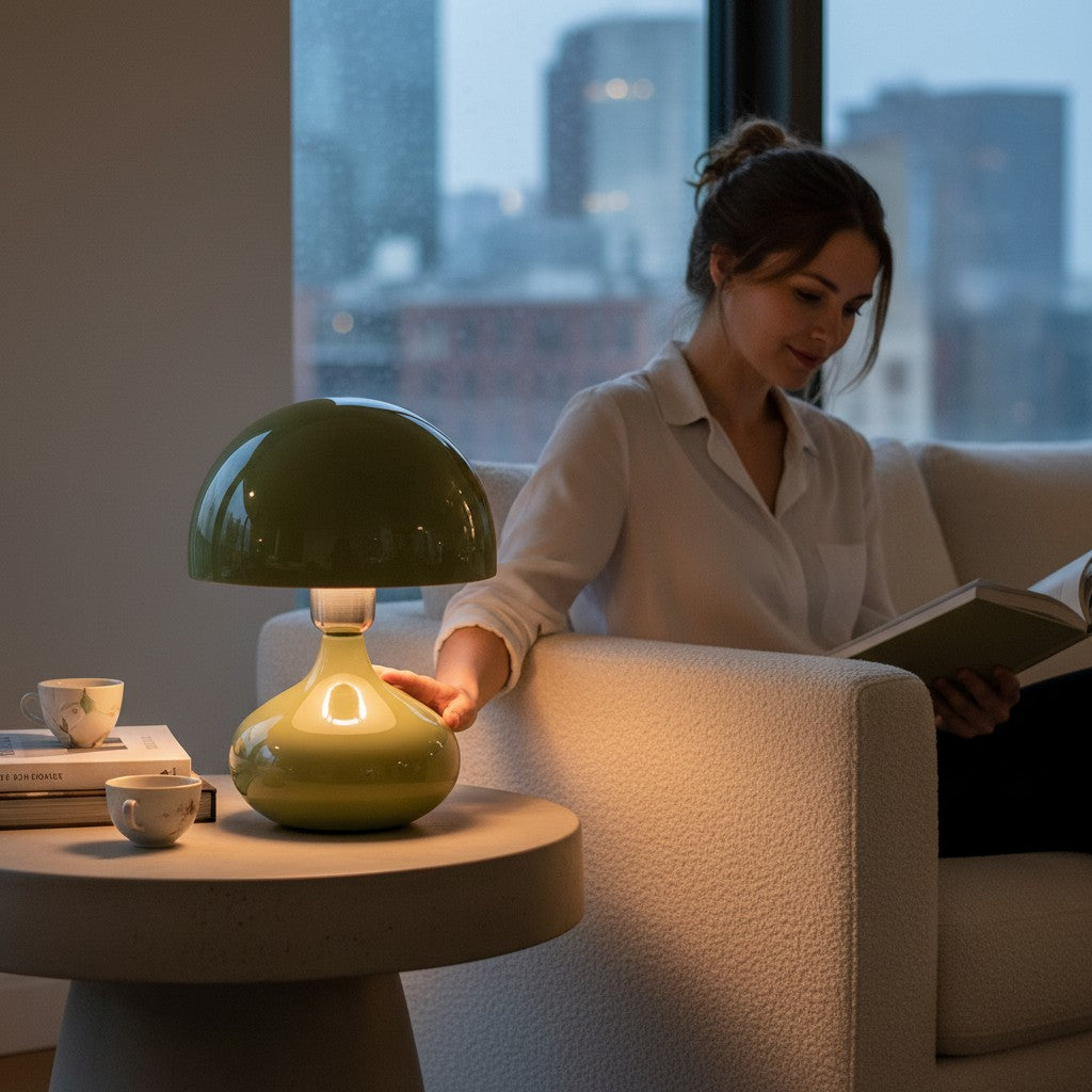 Depuis des lustres CADES olive green mushroom glass table lamp on a side table next to a woman reading on a sofa