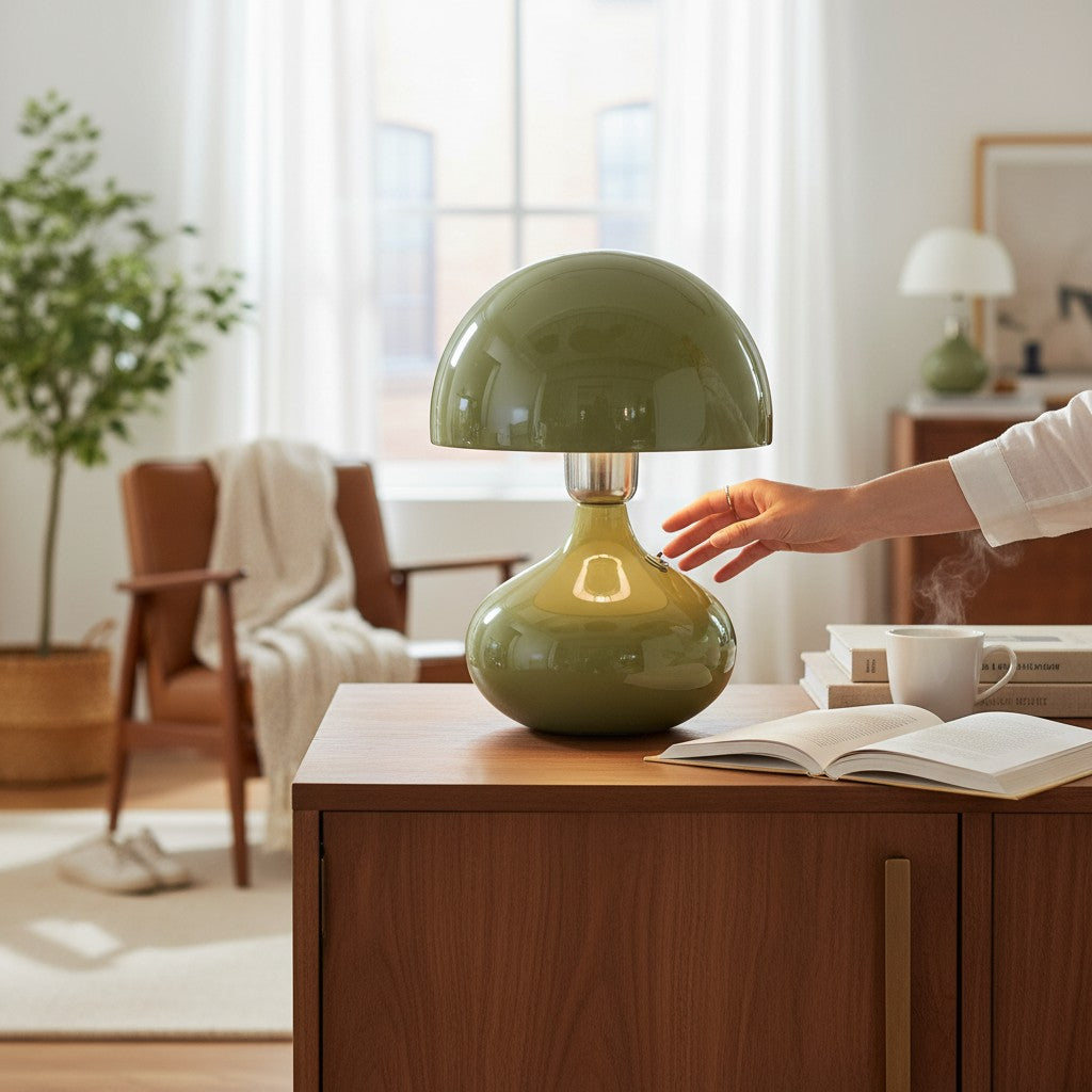 Depuis des lustres CADES olive green mushroom glass table lamp with chrome detail on a wooden console table