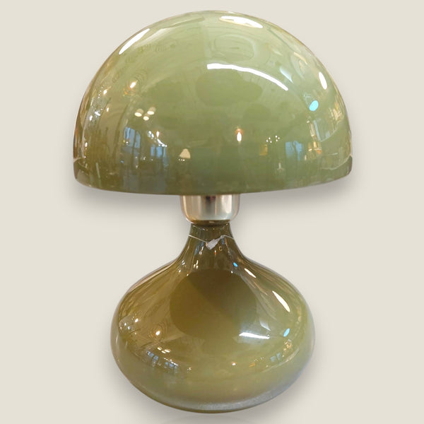 Depuis des lustres CADES olive green mushroom table lamp in blown glass with a chrome ring detail