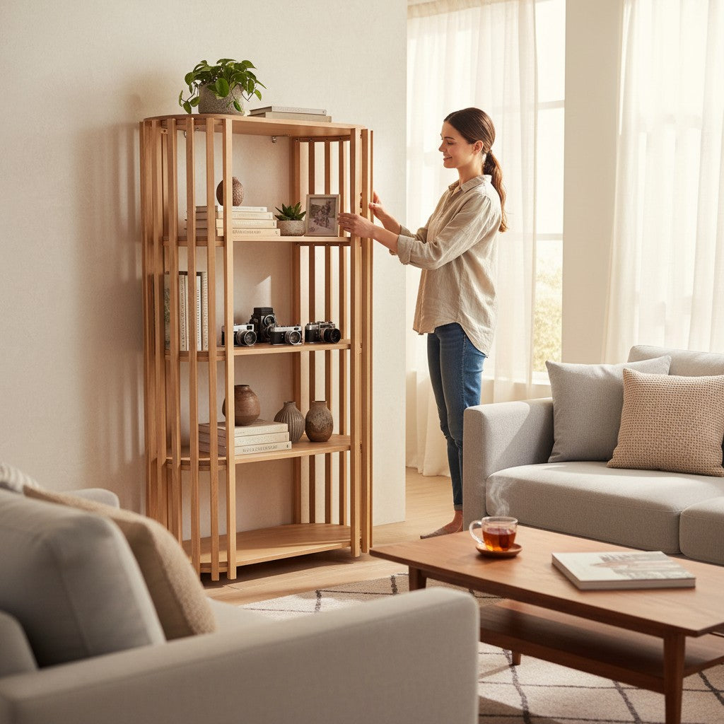 Depuis des lustres EDELWEIS oval slatted wood shelving unit styled in a bright living room with a woman decorating.