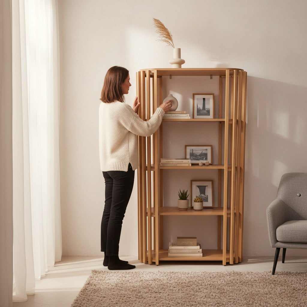 Depuis des lustres oval slatted solid wood shelving unit with multiple tiers styled in a bright contemporary living room