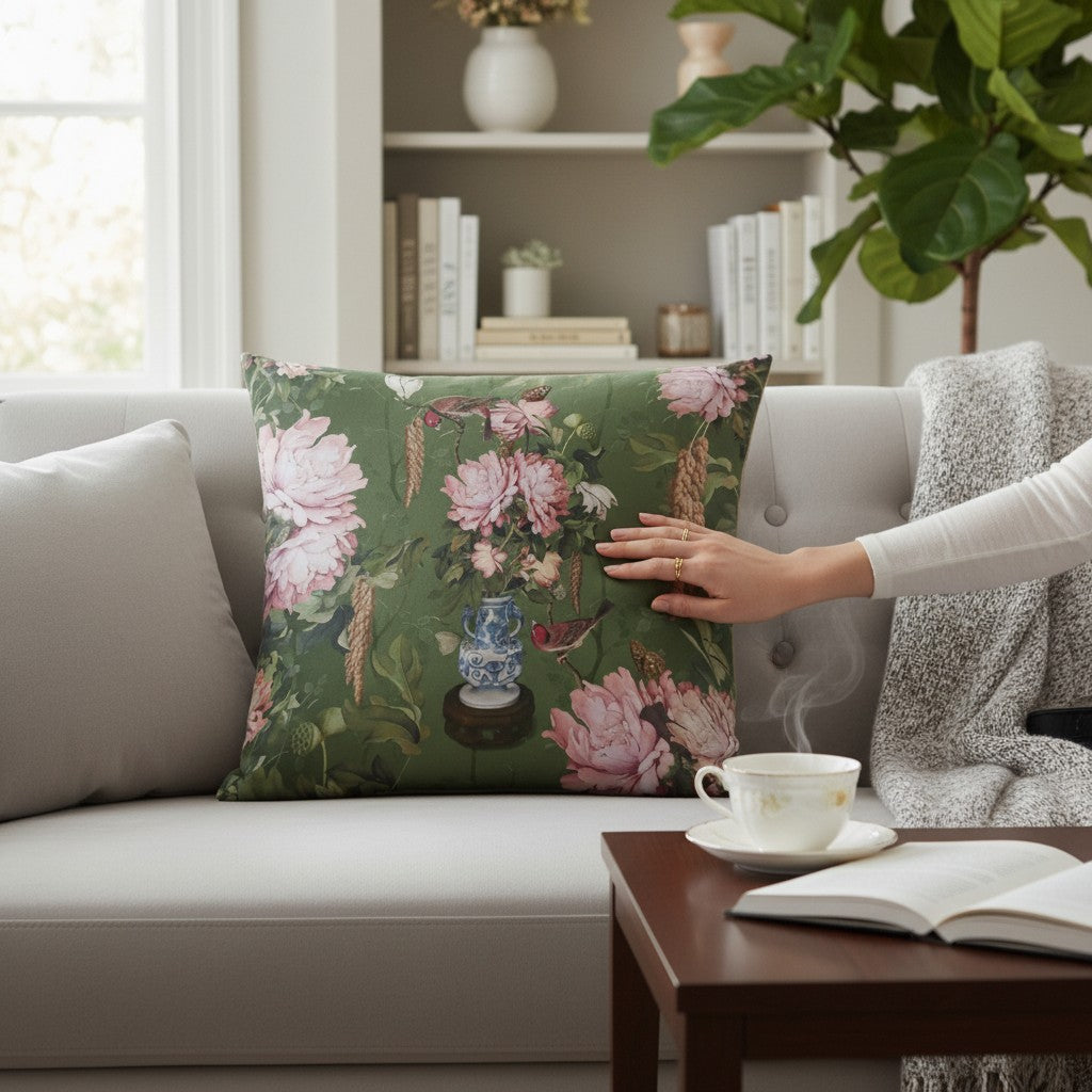 Depuis des lustres Porcelaine velvet cushion with chinoiserie floral print, pink peonies, and black piping on a sofa.
