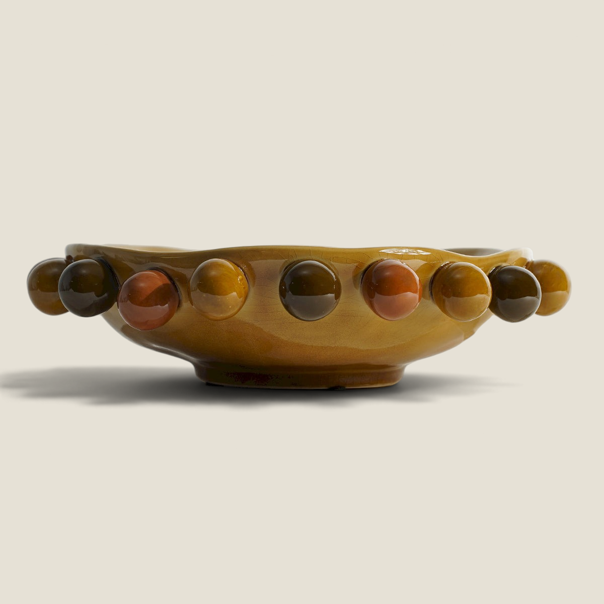 Depuis des lustres REBECCA brown ceramic centerpiece bowl with amber glaze and decorative terracotta relief beads