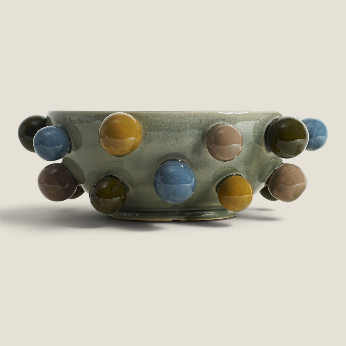 Depuis des lustres REBECCA grey ceramic centerpiece bowl with decorative multi-colored beaded mineral accents