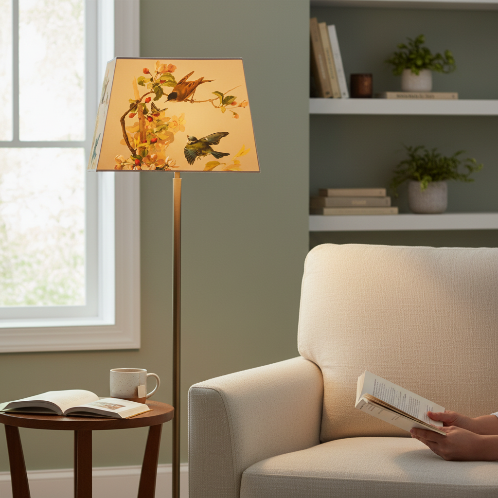 Depuis des lustres rectangular lampshade with vintage bird and flower print on a cream background in a cozy living room