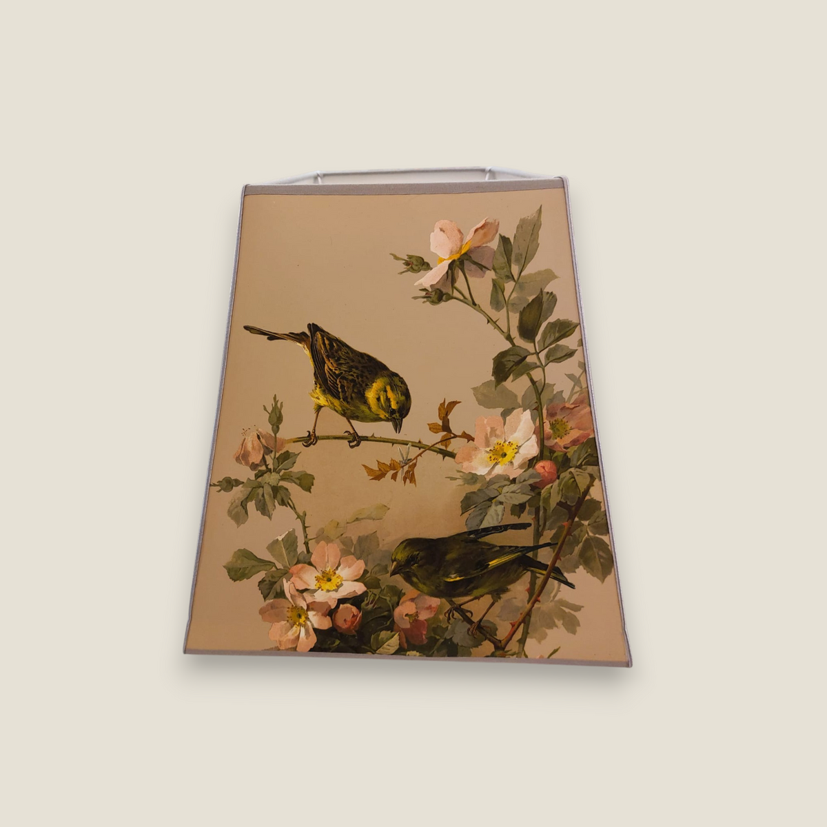 Depuis des lustres rectangular lampshade featuring vintage bird and flower illustration with grey cotton trim.