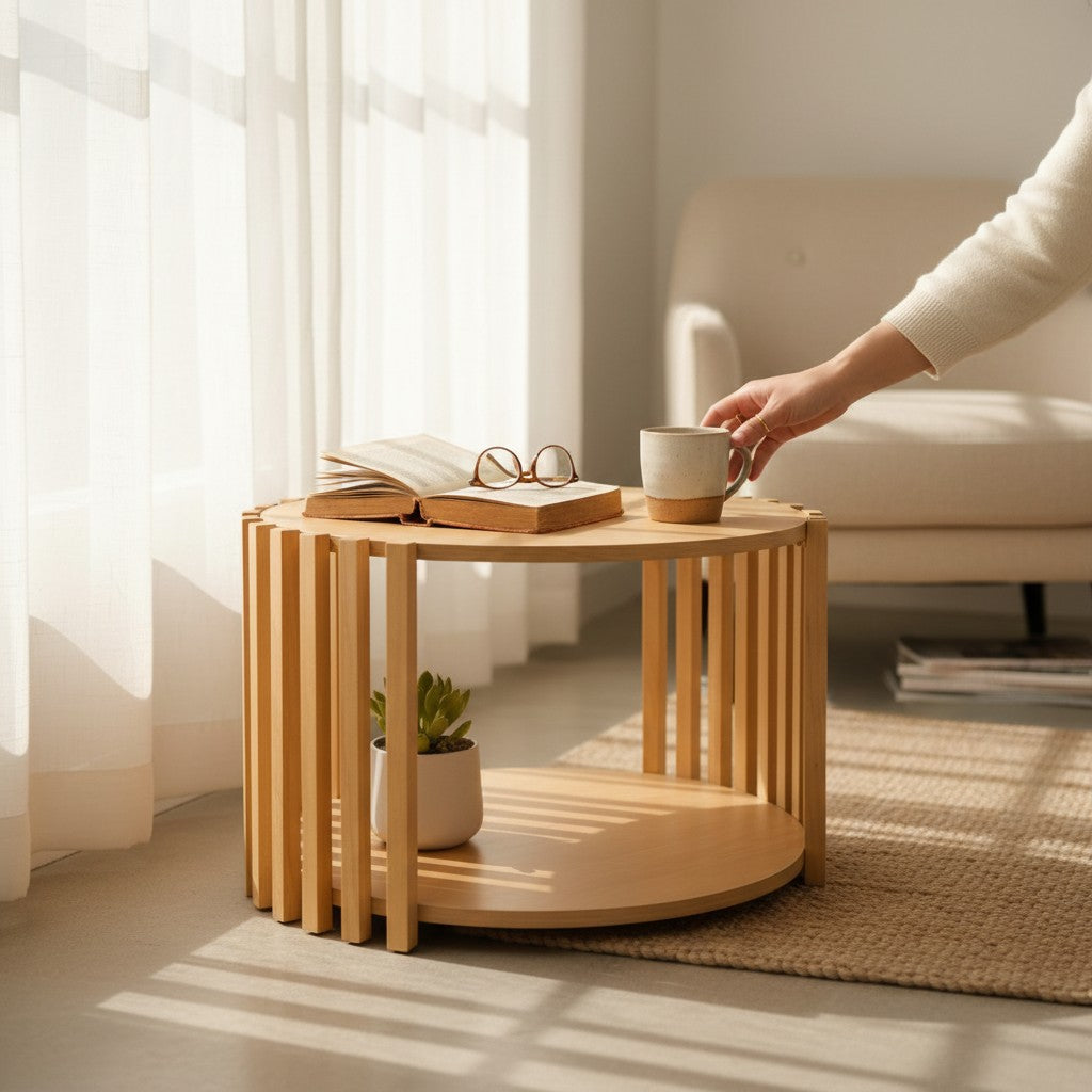 Depuis des lustres EDELWEIS round solid wood side table with vertical slats and a lower shelf in a bright living room