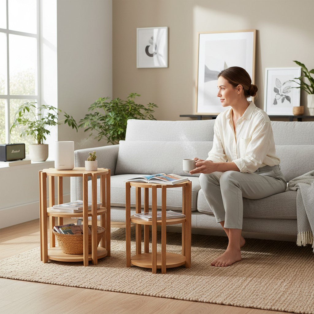 Depuis des lustres EDELWEIS round 3-tier solid wood side tables in a bright living room with a woman on a sofa.