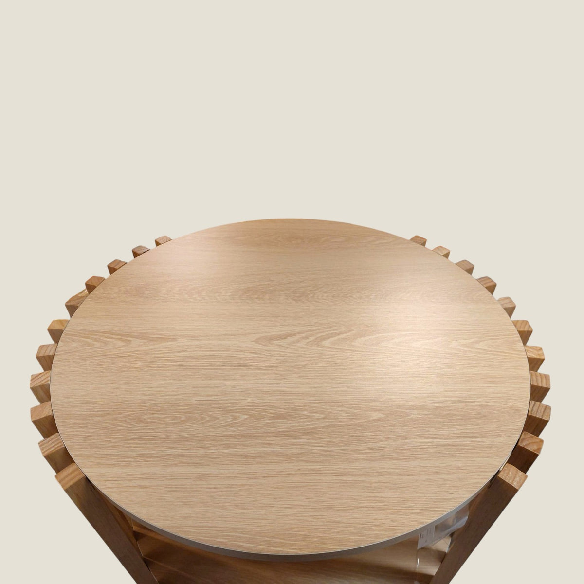 Depuis des lustres EDELWEIS round solid wood side table with vertical slat design and lower shelf