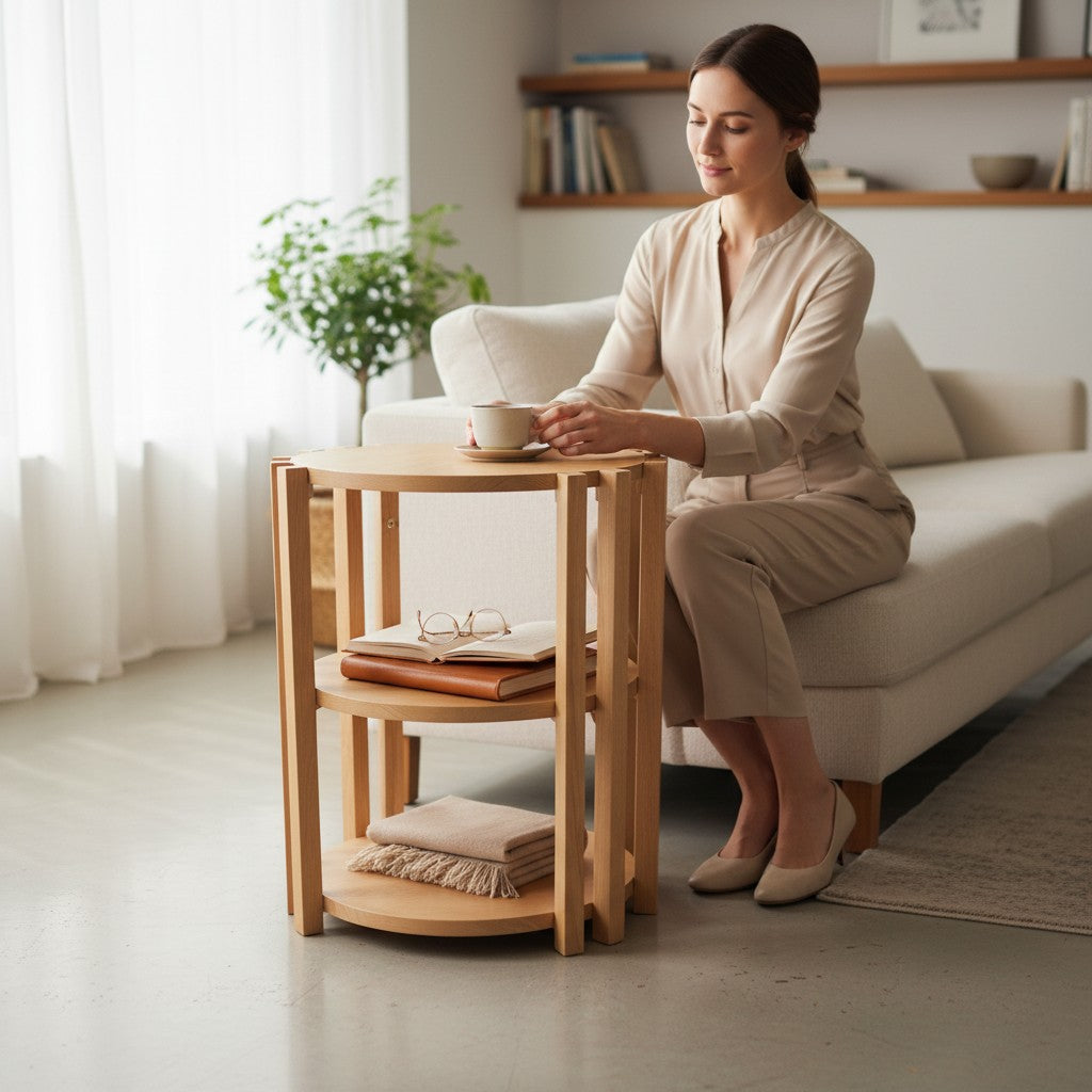 Depuis des lustres round 3-tier solid wood side table with natural finish next to a woman sitting on a sofa
