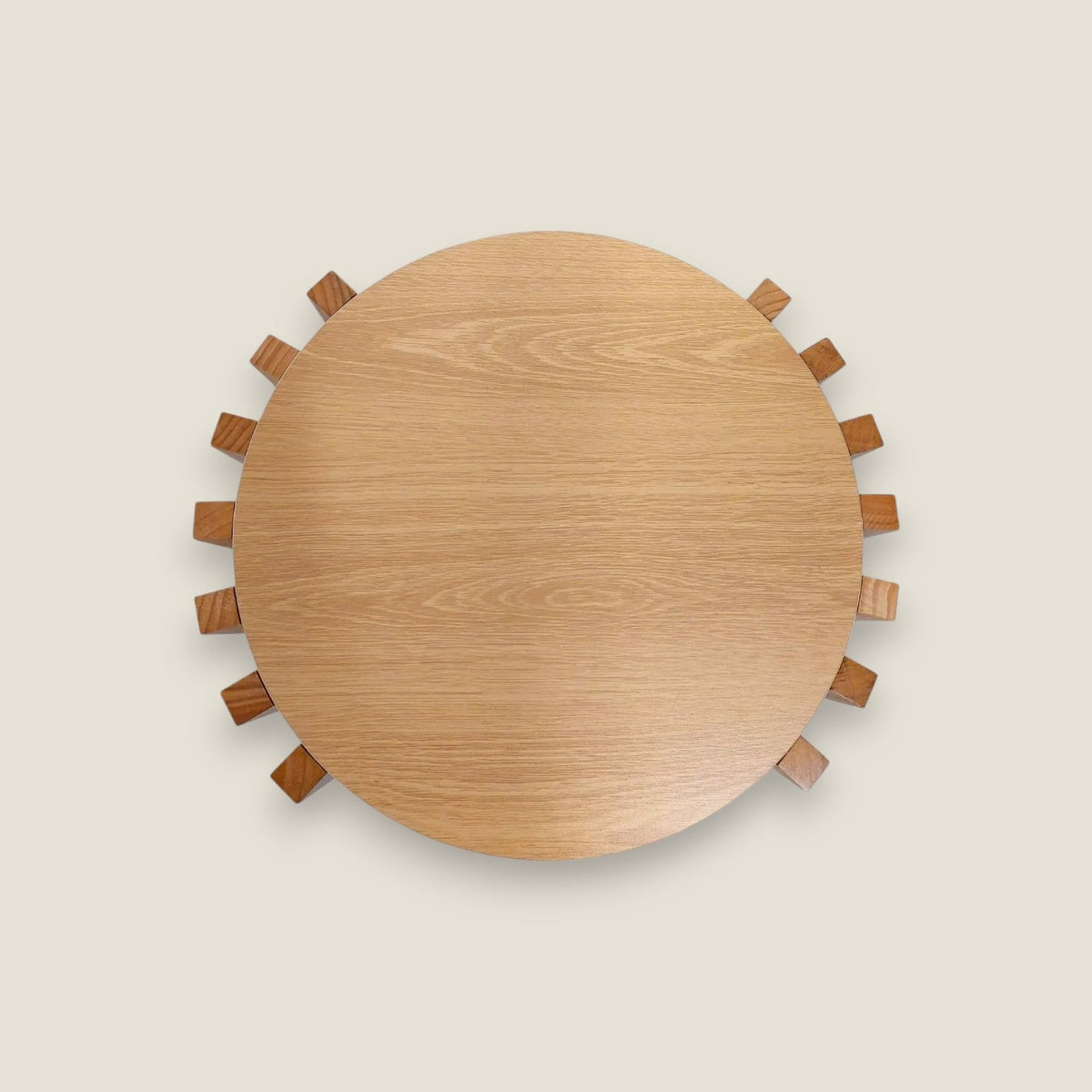 Depuis des lustres EDELWEIS round side table with three wooden tiers and natural finish, top-down view