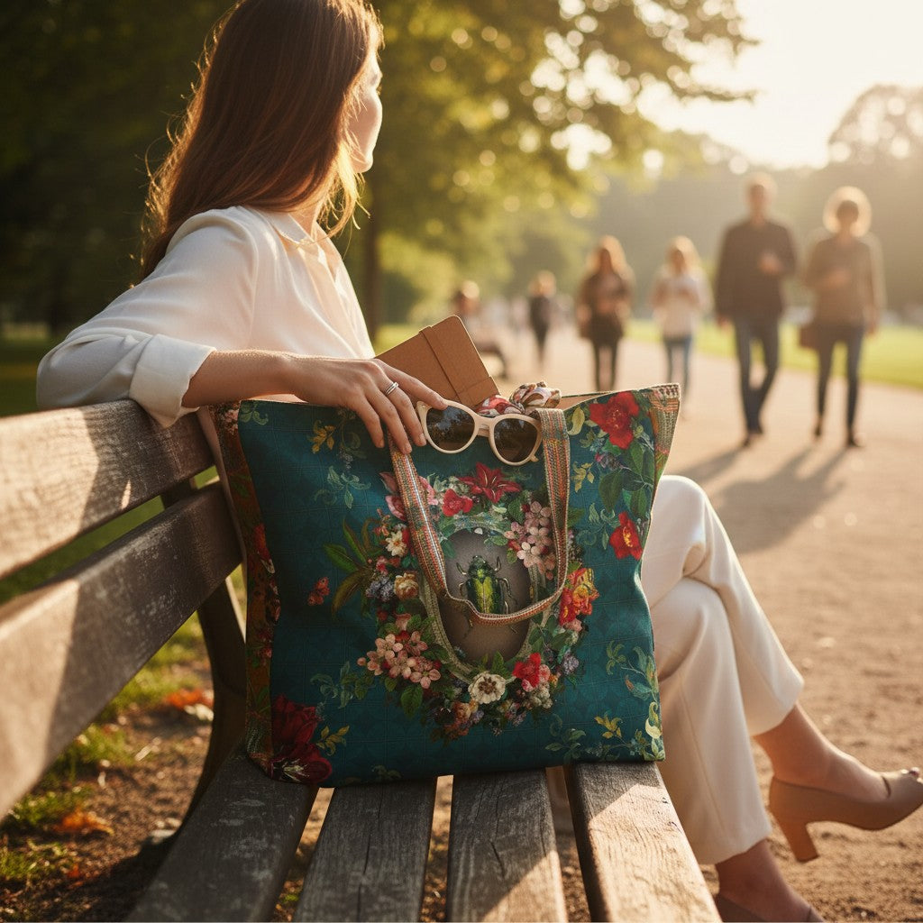 Depuis des lustres Voglio Bene Scarabée tote bag with floral print and gold beetle on peacock blue polyester canvas.