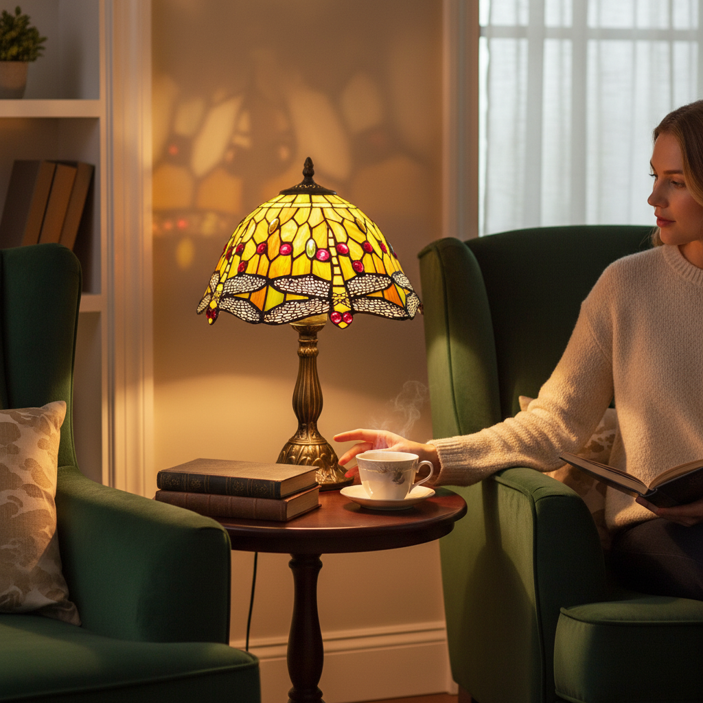 Depuis des lustres Tiffany style dragonfly stained glass table lamp with bronze base in a cozy reading room setting.