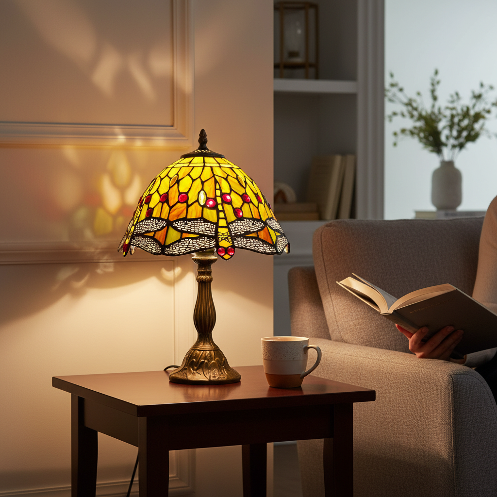 Depuis des lustres Tiffany style table lamp with dragonfly stained glass shade and antique bronze floral metal base.