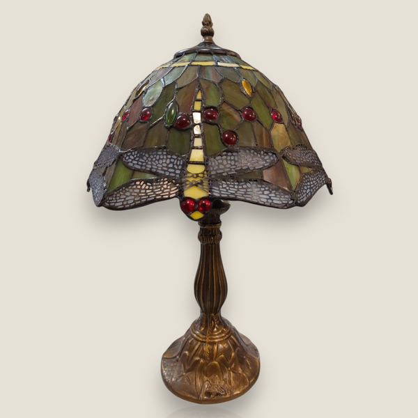 Depuis des lustres Tiffany style table lamp with dragonfly stained glass shade and antique bronze floral base