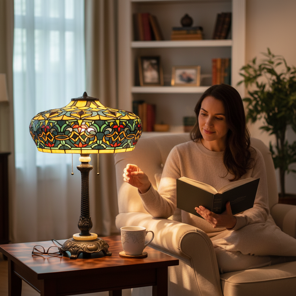 Depuis des lustres Tiffany style lamp with stained glass shade and bronze base, illuminating a woman reading a book.