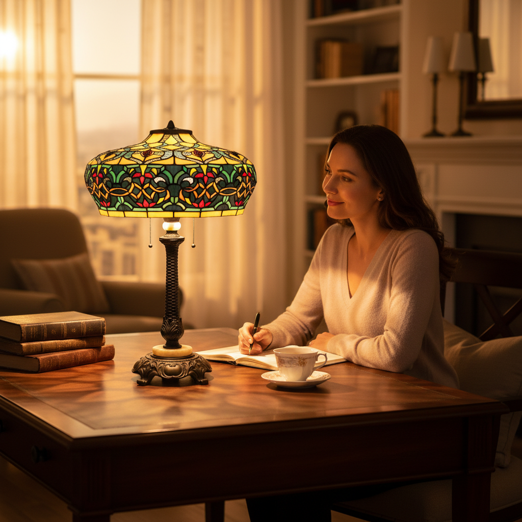 Depuis des lustres Tiffany style lamp with stained glass shade on a desk where a woman writes in a notebook
