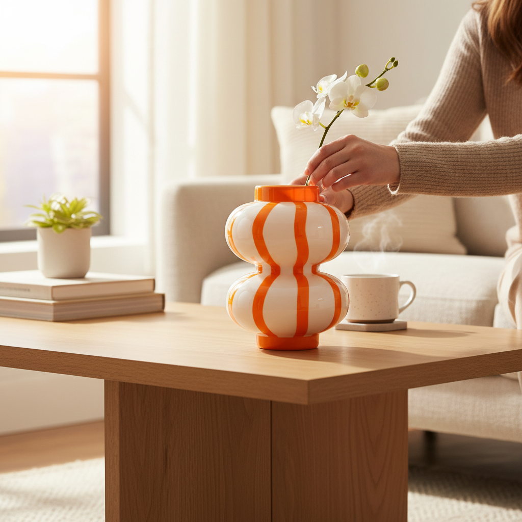 Vase décoratif QUE RICO orange et blanc peint à la main posé sur une table en bois dans un salon Depuis des lustres