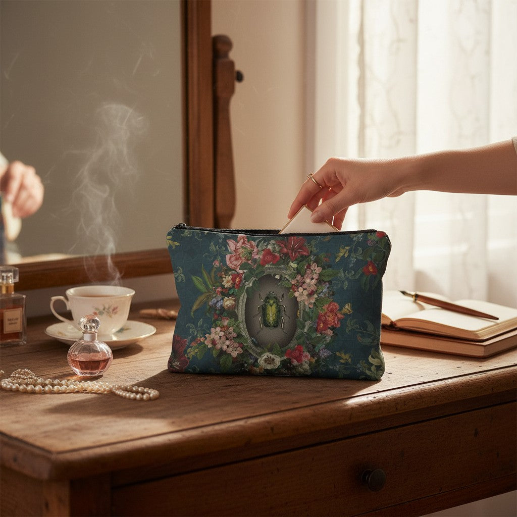 Depuis des lustres Voglio Bene velvet pouch with beetle and floral print on a wooden vanity table.