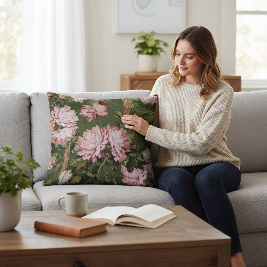 Depuis des lustres VOGLIO BENE velvet cushion featuring pink peonies and chinoiserie birds on a green botanical background