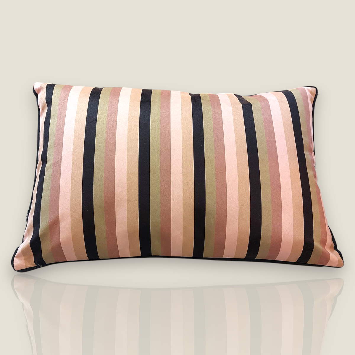 Depuis des lustres rectangular velvet cushion with vertical stripes in pink, black, khaki, and beige with black piping