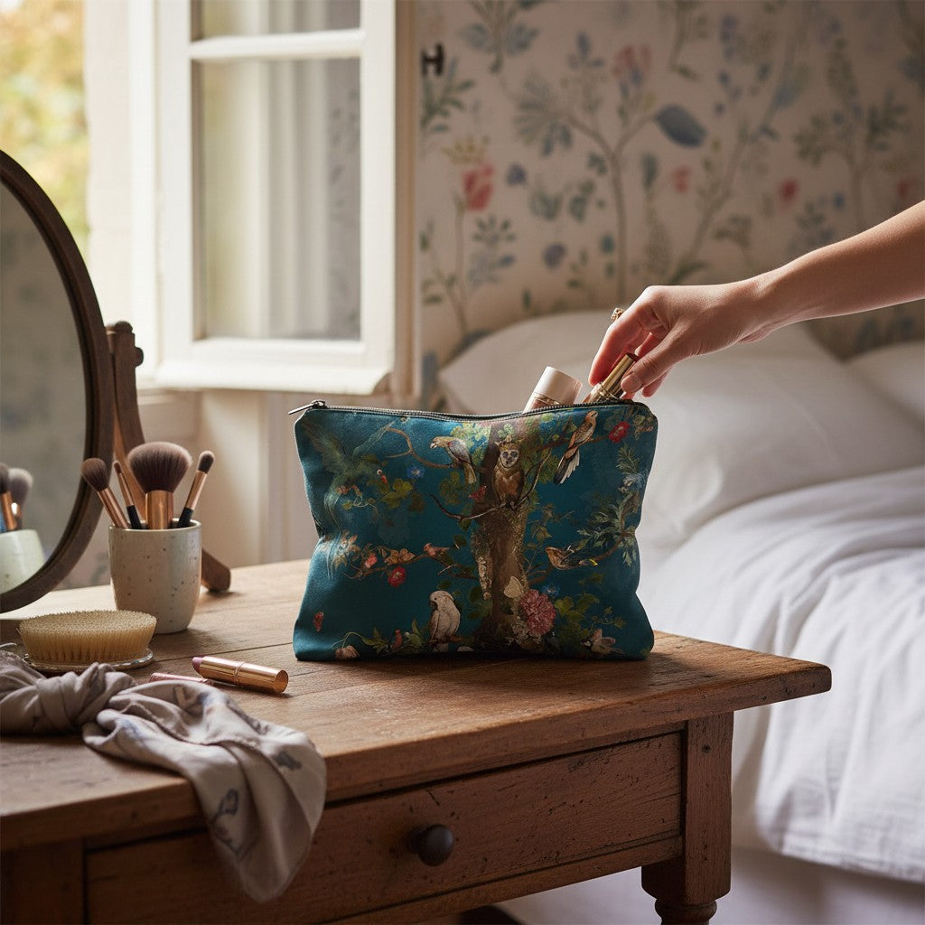 Depuis des lustres velvet makeup bag with Tree of Life print, exotic birds, and gold zipper on a wooden vanity.
