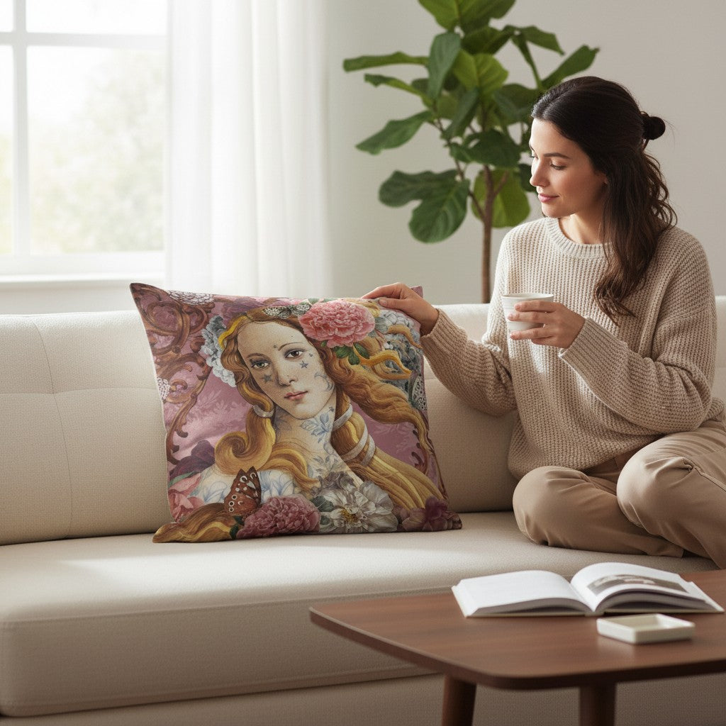 Depuis des lustres Venus cushion in plum velvet with Botticelli print, pink peonies, and black piping on a sofa.