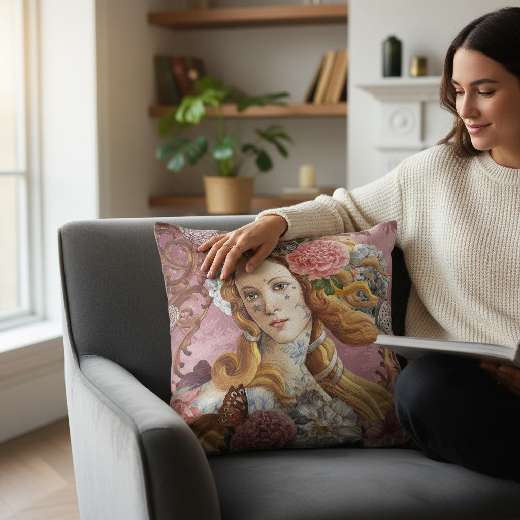 Depuis des lustres Voglio Bene Venus velvet cushion featuring Botticelli art with pink peonies on a plum background.
