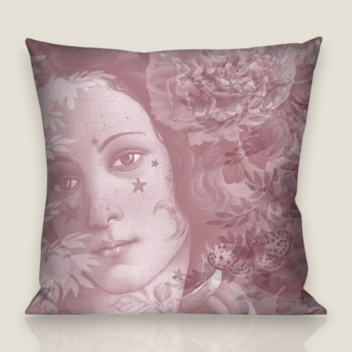 Depuis des lustres Venus velvet cushion featuring Botticelli art with pink peonies and gold baroque details on plum